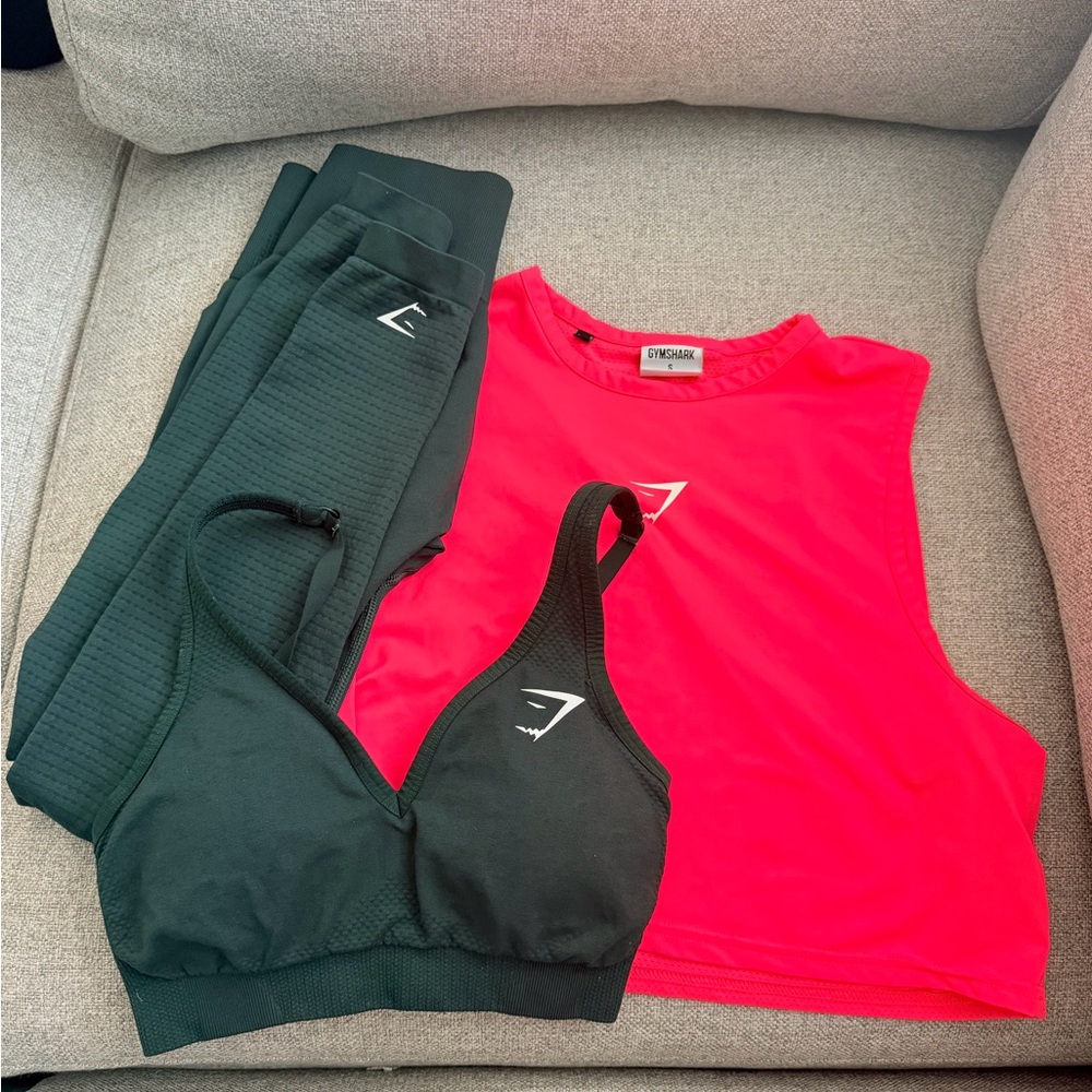 Gymshark Neon Orange/Pink Crop Tank with Hunter Green Sports Bra & Leggings